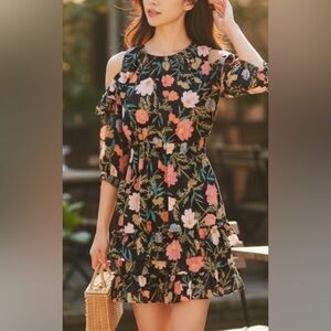 kate spade - blossom cold shoulder dress mini ruffle trim keyhole back floral